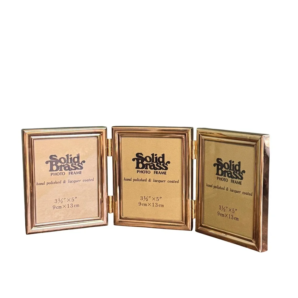 Vintage Solid Brass Triple Folding Picture Frame Triptych 3.5x5 Gold Tone